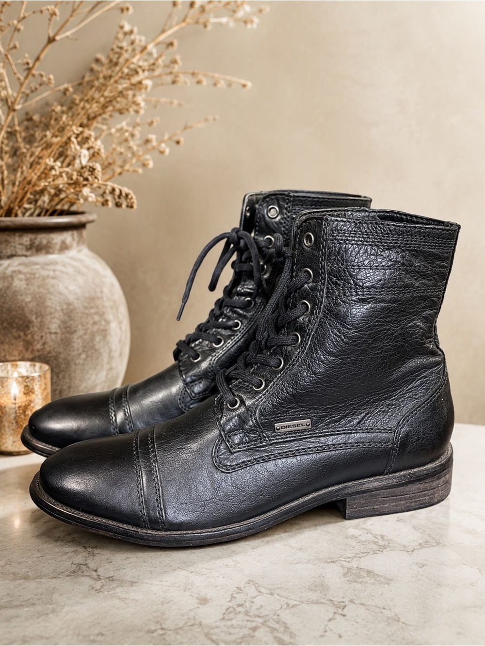Diesel Leather Lace Up Combat Style Boots Size 43 (US 10) Black Streetwear